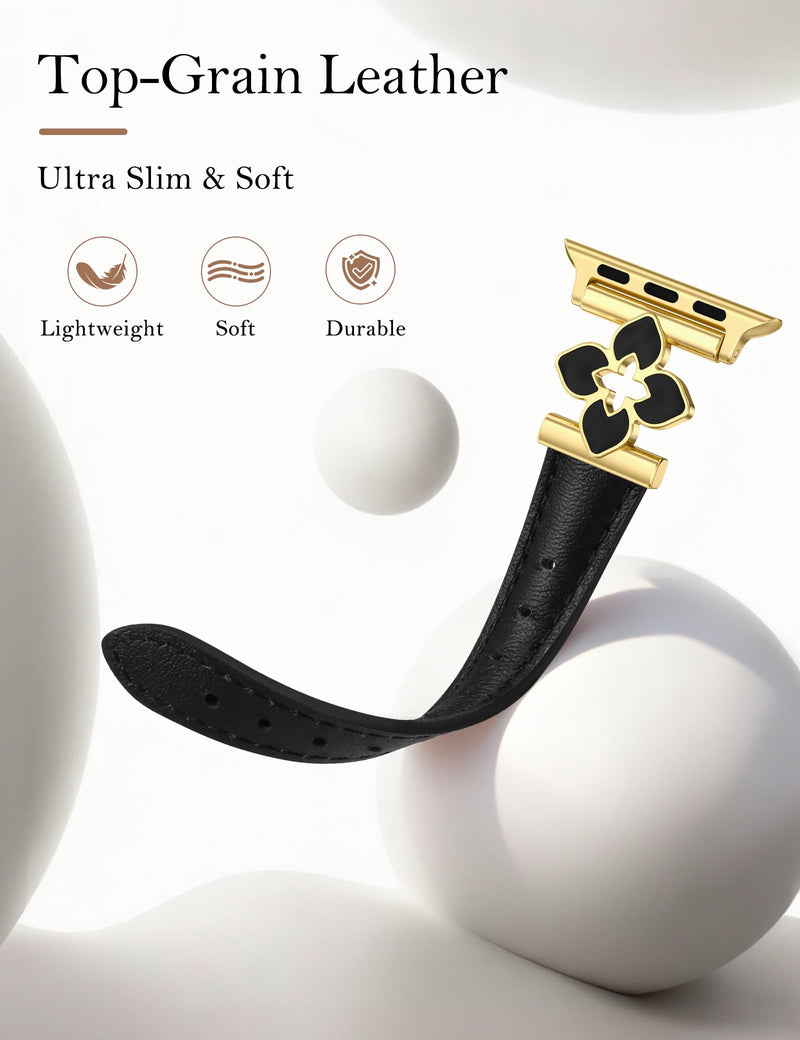 Minyee 2 Packs Band Compatible with Apple Watch Band Women 42/46/38/40/41/44/45/49mm, Premium Soft Leather Strap with Bling Dainty Flower Charm & Dressy Honeycomb Pretty Adjustable Metal Designer Clas