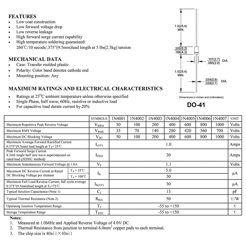 150Pcs 1N4007 IN4007 Rectifier Diode 1A 1000V 4007 Doorbell Diodes 1 Ampere 1000 Volt Dioden DO-41 Package