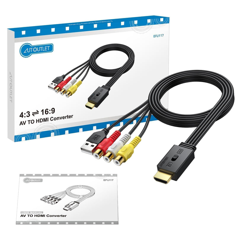 AUTOUTLET RCA to HDMI Converter with Aspect Ratio Switch (4:3/16:9), 1080P/720P AV to HDMI Composite CVBS Video Audio Adapter Supports PAL/NTSC for Wii/N64/PS2 EFU117