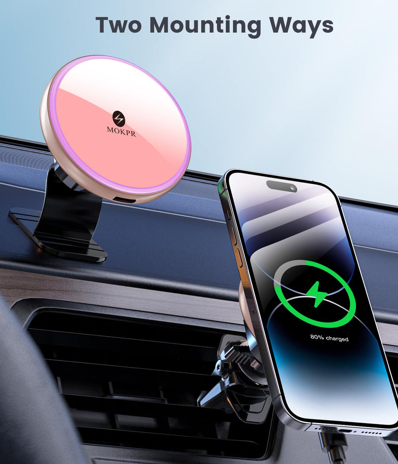 for Magsafe Car Mount Charger 15W LED RGB Car Phone Holder for Dash Vent | HandsFree Magnetic Wireless Car Charger Car Mount Fast Car Charger for iPhone 17 16 15/14/13/12 Series Pink