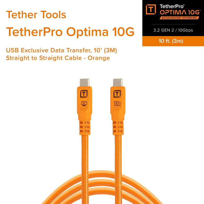 Tether Tools TetherPro Optima 10G USB-C Exclusive Data Transfer Cable | Straight to Straight Cable | TetherBoost Signal Technology | Immediate Camera Recognition | 10Gbps Fast Data Transfer 10' (3m)