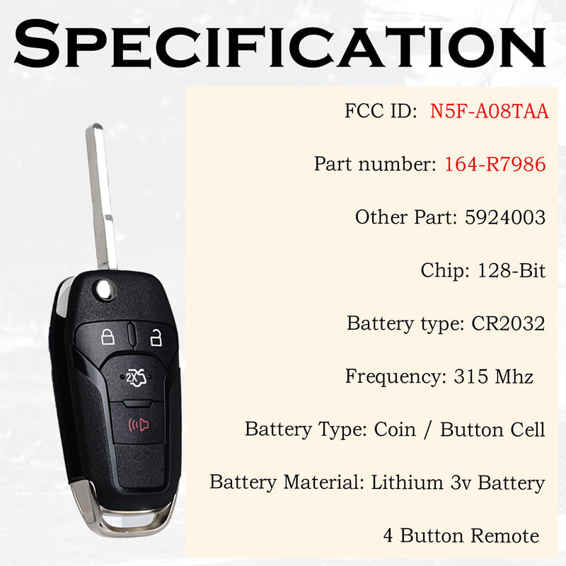 Flip Key Fob Replacement Fits for Ford Fusion 2013 2014 2015 2016 Keyless Entry Remote Control N5F-A08TAA 164-R7986 5924003 315Mhz 4 Button BTN