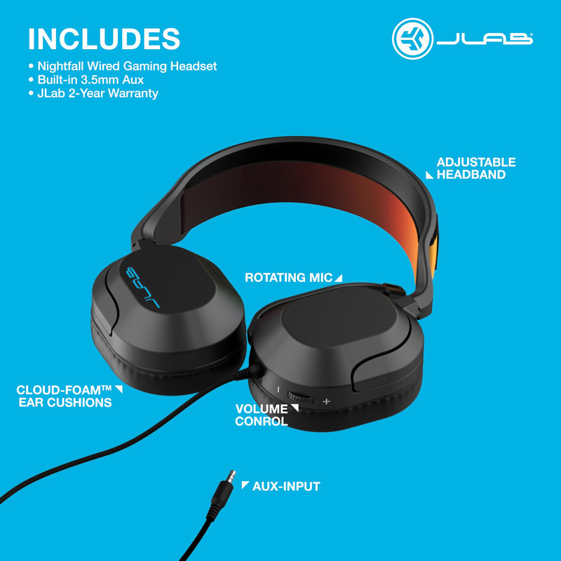 [AUSTRALIA] - JLab Nightfall Gaming Headset with Near-Field Directional Flip-to-Mute Rotating Boom Mic, 50mm Drivers and Sound Isolating Inner Shelf, Wired 3.5mm for PC, PS5, PS4, Xbox Series X/S, Xbox one, Switch 