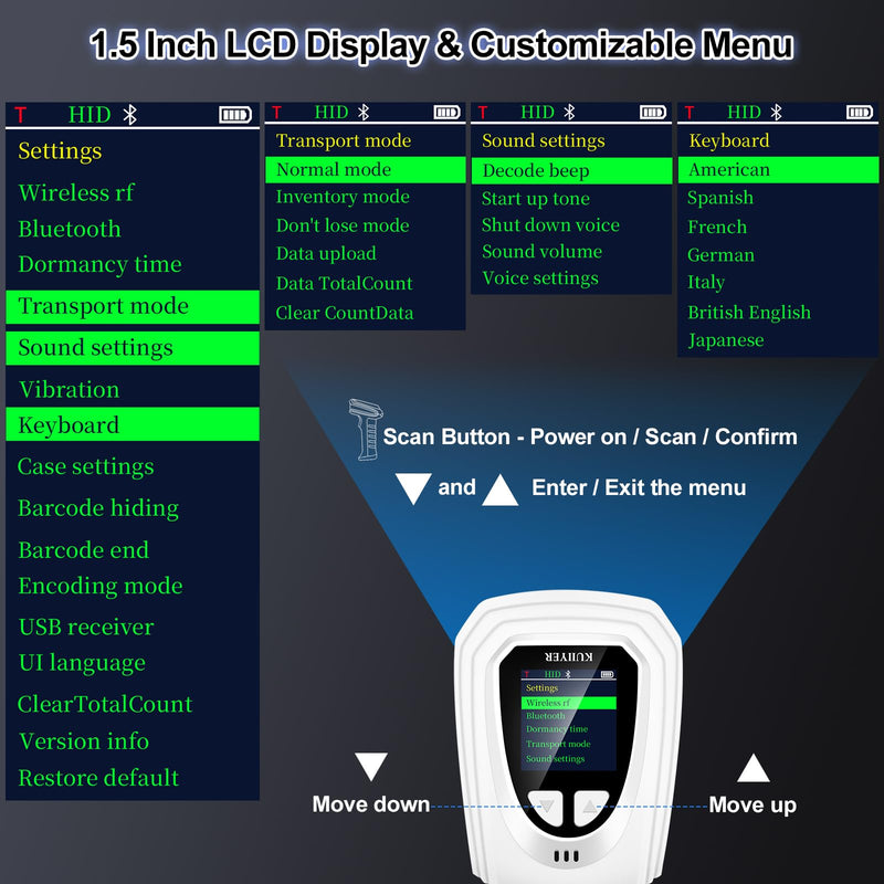 [AUSTRALIA] - KUIIYER 1D QR 2D Barcode Scanner, Bluetooth Wireless Bar Code Scanners with Setting Keypad & LCD Screen Display & AI Voice, Handheld Barcode Reader for iPhone, Android, iPad, Tablet, Computers & POS Bluetooth Barcode Scanner 