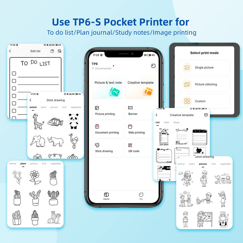 vretti Portable Thermal Printer TP6S, Bluetooth Mini Pocket Printer Compatible with Android & iOS, 300DPI Wireless Pocket Picture Printer for iPhone Working Listing, Notes, Journal, Travel TP6-S+1roll