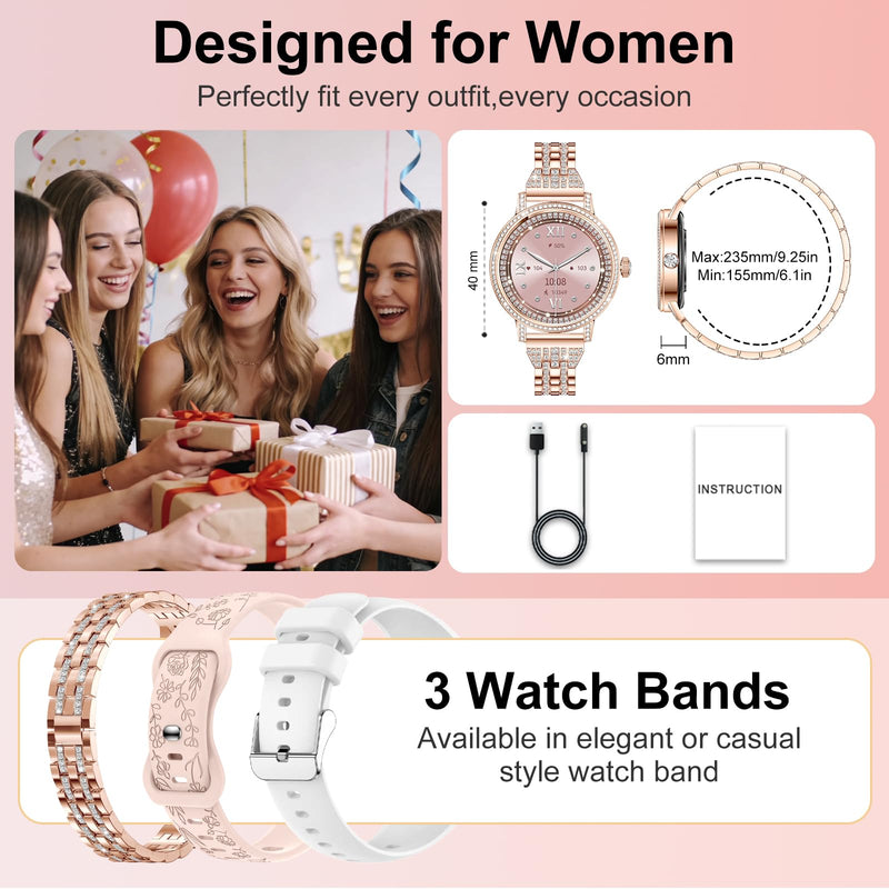 Smart Watches for Women:1.27" HD Smart Watch Bluetooth Calls,3 Bands,BP/Sleep/Steps,120+ Sports Fitness Tracker Android&iOS (Rose Gold)