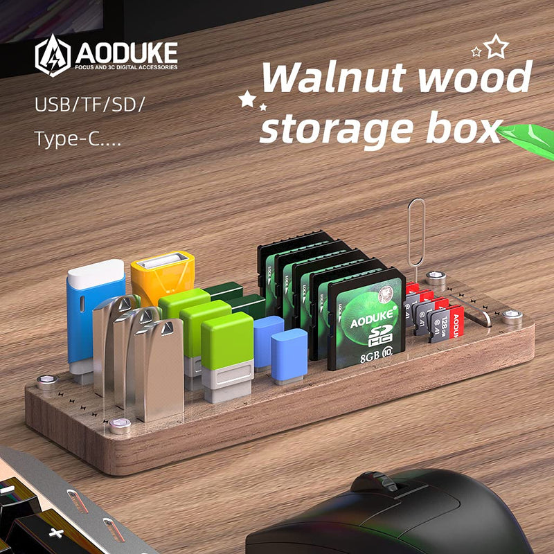 AOJUE Wooden Memory Card Case TF Cards Box and USB Drive / SD Card Holder Desk,Micro SD Card Case,Memory Card Case, Memory Card Carrying Case -AJSNH01M pure walnut wood