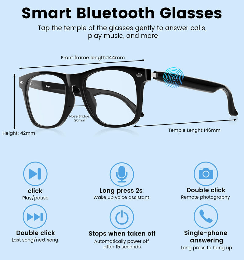 AI Smart Bluetooth Glasses for Men and Women with Translation | Real-time translation (115 languages), Glasses with speakers, Hands-free calls, Blue-light protection, for iOS/Android. Black frame Anti-Bluelight Lense