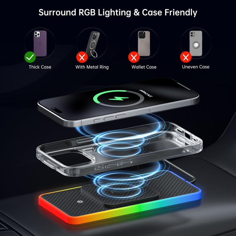 Wireless Car Charger Pad, REESTECQI 15W RGB Wireless Charger for Car Type C Non Slip Charging Pad for Car Compatible with Airpods iPhone16/15/14/13/12, Samsung Google (30CM+ 70CM Extension)