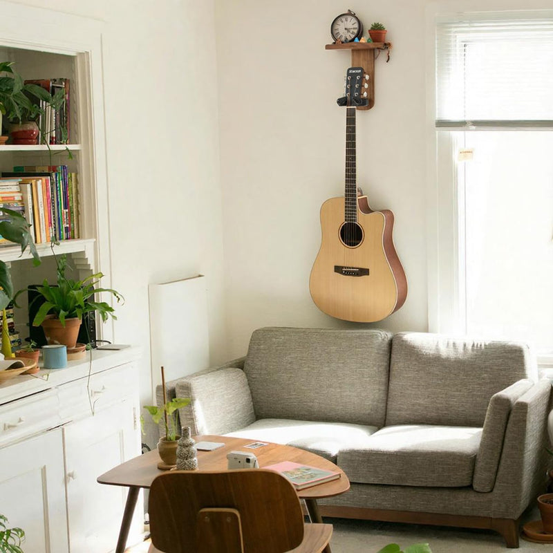 Guitar Wall Mount, Auto Lock Guitar Hanger, Wood Guitar Wall Hangers Shelf with Pick Holder, Guitar Holder Wall Mount for Acoustic, Electric Guitar, Ukulele, Bass, Mandolin Gift Acacia Wood