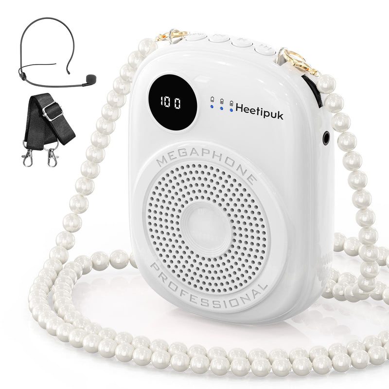 Portable Voice Amplifier Wired Microphone and Speaker,PA System Voice Amplifier with Mic Headset for Teachers,Speech,Tour Guides,Coaches,Yoga, Fitness Instructors Bluetooth 5.0 TF Card (White) White