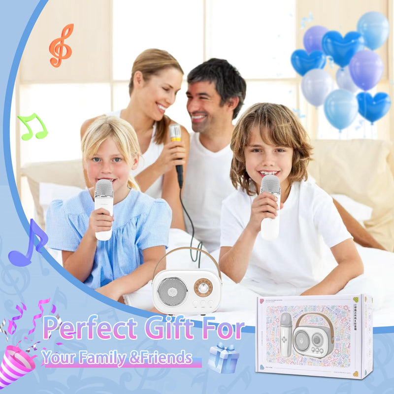 [AUSTRALIA] - Mini Karaoke Machine for Kids,Portable Bluetooth Speaker with 2 Wireless Microphone,Toys for Girls Boys Gifts,Retro Speaker Set Stereo Sound Enhanced Bass for Home Party Birthday (White) White 