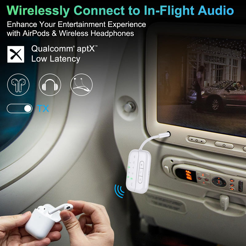 Bluetooth Transmitter Receiver,2-in-1 V5.3 Wireless Transmitter for Airplane,TV,PC,Gym,Switch. Supports up to 2 AirPods/Headphones. Bluetooth Receiver for Car/Home Stereo,with AptX Low Latency & HD White