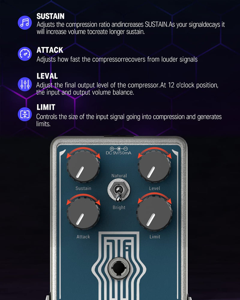 [AUSTRALIA] - Donner Compressor Guitar Pedal, Lax Comp Compressor Pedal for Electric Guitar and Bass, Classic Peak Limiter Style Compressor with 2 Band EQ Boost Effect Pure Analog True Bypass Blue：Compressor 