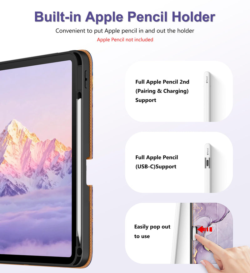 DTTO for iPad Air 11-inch Case M4 / M3 / M2 (2026/2025/2024), Marble Lilac | Slim Reading PU Leather Cover with Pencil Holder for iPad Air 5/4, Card Slot, Vertical & Horizontal Angles, Auto Wake/Sleep A-Lilac Marble