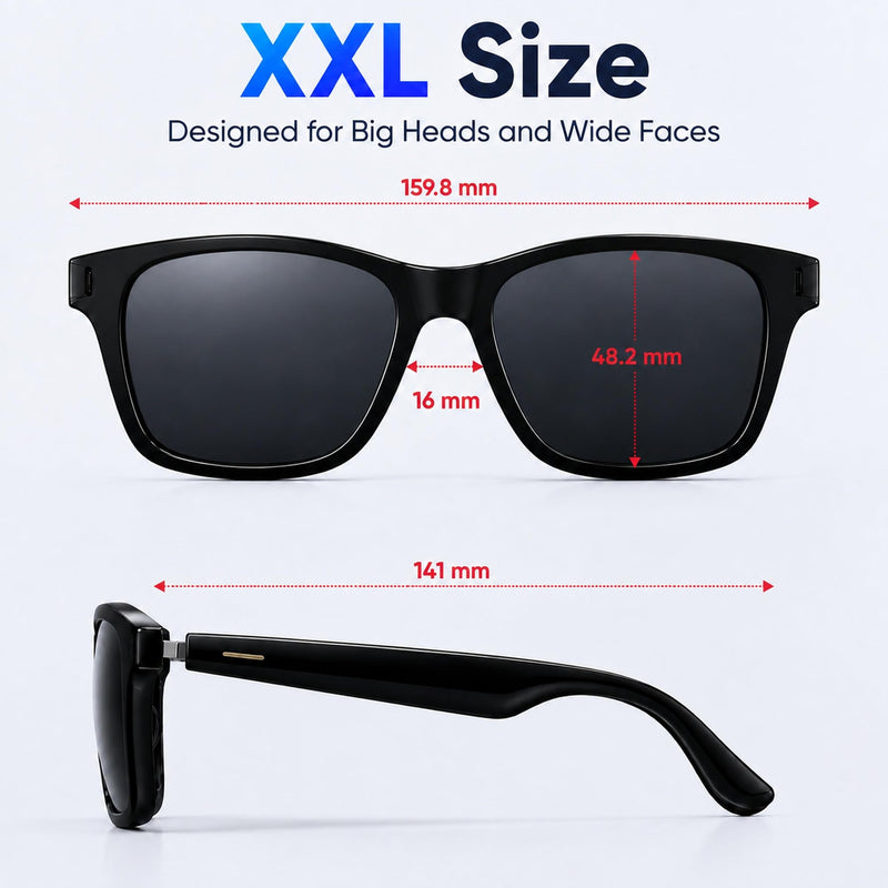 AI Smart Glasses with ChatGPT, Bluetooth Audio Sunglasses for Big Heads-XXL | AI Voice Assistant, Real-Time Translation, Music & Hands-Free Calling, Wearable Technology, Open-Ear Audio for Men & Women XXL