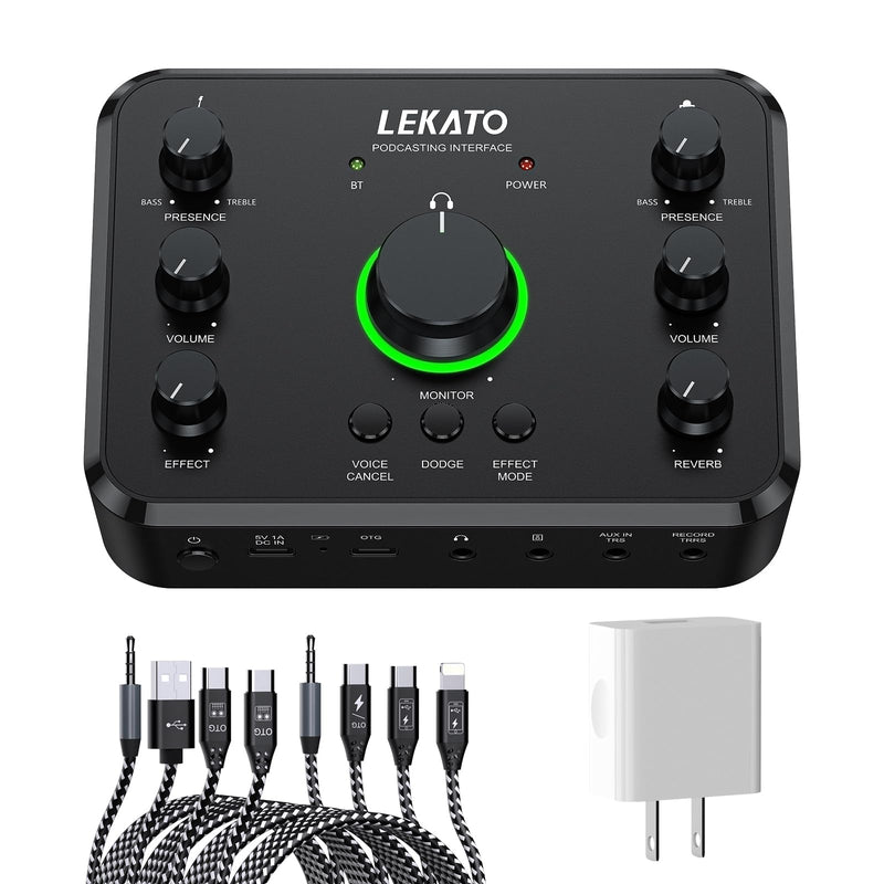 LEKATO Rechargeable Bluetooth Audio Interfaces, USB Audio Interface with XLR Mic, Hi-Z Line, 24bit/96kHz, 48V Phantom Power for Gaming Vocal Streaming Podcast Recording