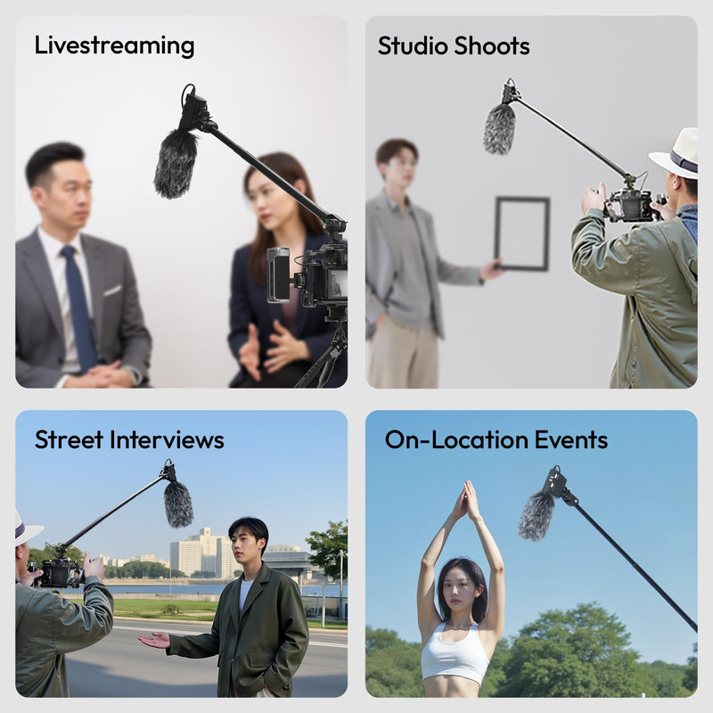 ULANZI ZJ08 Extendable Cold Shoe Mic Arm Pole with Built-in 3.5mm Audio Cable, 3 Section Aluminum Microphone Boom Pole for Cold Shoe Microphones, Angle Length Adjustable, 1KG Max Load