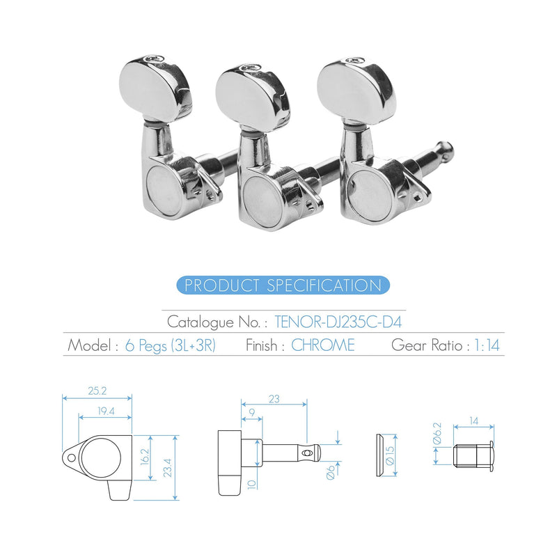 DJ235C-D4 TENOR Acoustic Guitar Tuners, Tuning Key Pegs/Machine Heads for Acoustic Guitar with Chrome Plated Finish and Chrome Plated Buttons. TENOR 235 TENOR-DJ235C-D4
