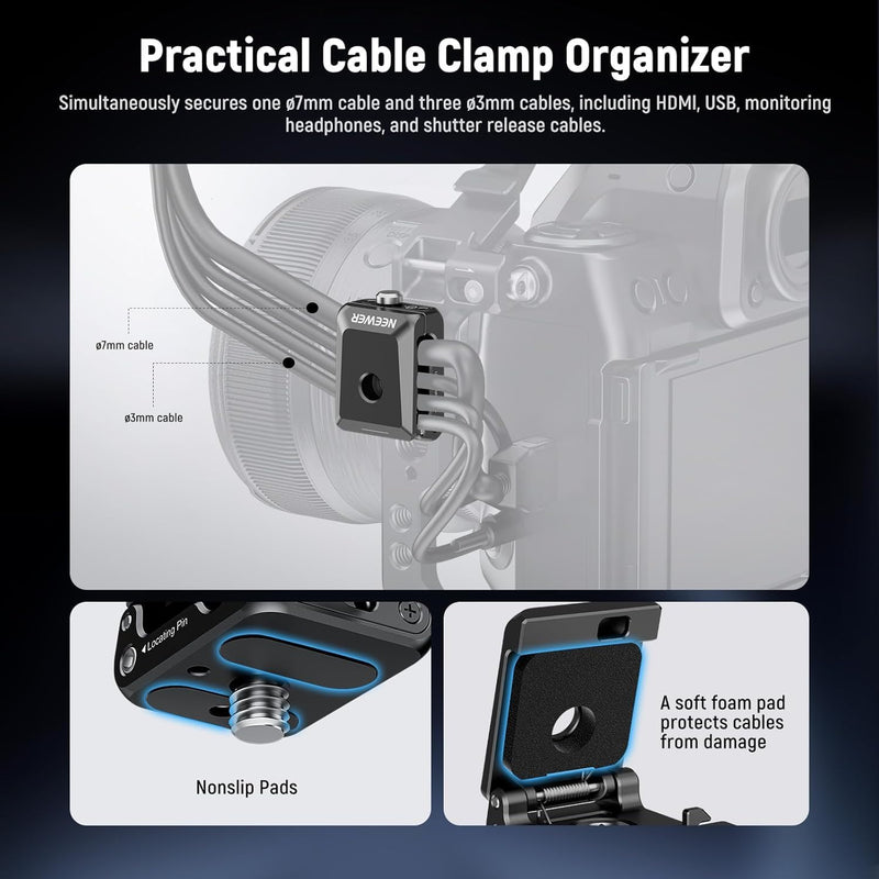 [AUSTRALIA] - NEEWER Spring Loaded Cable Clamp, 2 Pack, Camera Cage Cable Organizer with Removable Anti Twist Locating Pin, 1/4" Screw, Quick Release Lock, Foam Pad for HDMI, USB, Headphone, Shutter Cables, UA073 