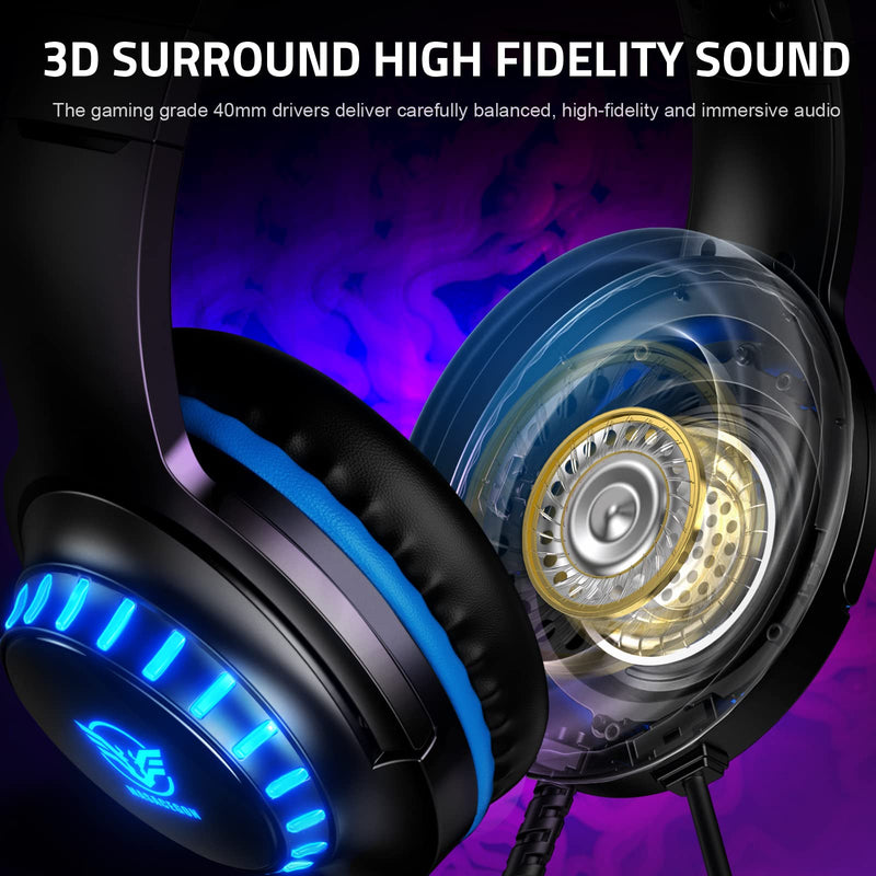 [AUSTRALIA] - Pacrate Gaming Headset for PS5/PS4/Xbox One/Nintendo Switch/PC/Mac, PS5 Headset with Microphone Xbox Headset with LED Lights, Noise Cancelling PS4 Headset for Kids Adults - Blue 