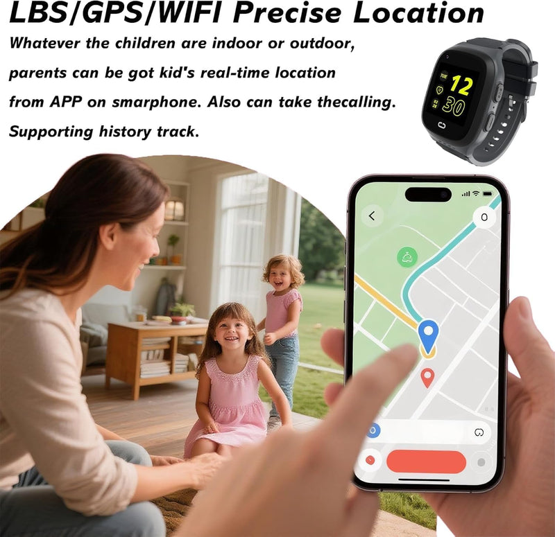 4G Kids Smart Watch Boys with GPS Tracker Location Video Call Cell Phone SOS Calling Voice Chat Camera Alarm Clock Touch Screen SmartWatch Gifts for Age 5-12 Kids (Black) Black
