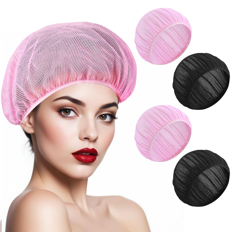 [AUSTRALIA] - 4 Pcs Mesh Sleep Bonnet Hair Nets Cap for Women Pink Black 