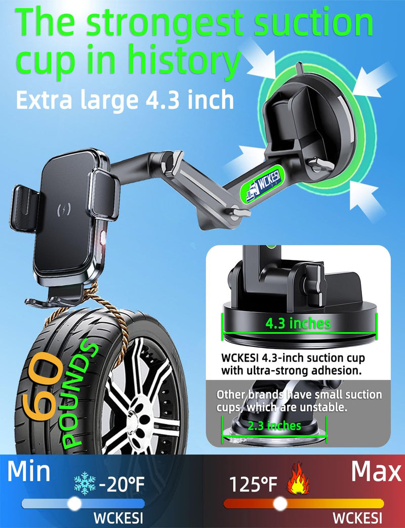 Truck Phone Holder Wireless Car Charger Mount, 15W Fast Charging | 14-Inch Long Arm, Strong Vacuum Dashboard & Windshield Mount, Heavy Duty Trucks and Pickup Accessories, for iPhone Samsung LG black--Wireless Charger