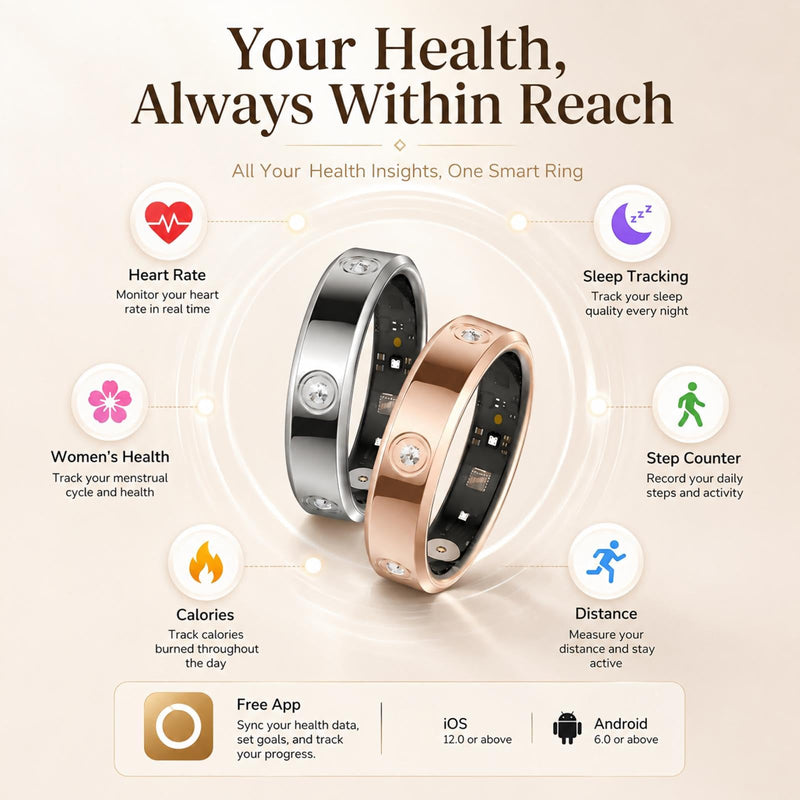 Ladies Smart Ring for Women Health Ring Heart Rate Monitor Sleep Tracker Fitness Tracker Calories Step Counter Pedometer Gesture Control Waterproof Compatible with iOS Android Phones Elegant Ring Elegant Diamond-Studded Ring-Champagne gold