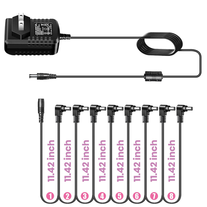 Guitar Pedal Power Supply Adapter 9V DC 1A(1000mA) Tip Negative 8 Way Daisy Chain Cables for Effect Pedal