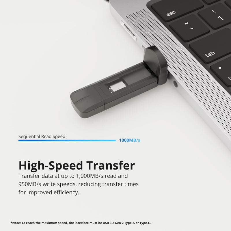 Timetec 256GB Pro Portable USB 3.2 Gen 2 Type-C/Type-A SSD Read Speed 1000MB/s Solid State Drive Stick