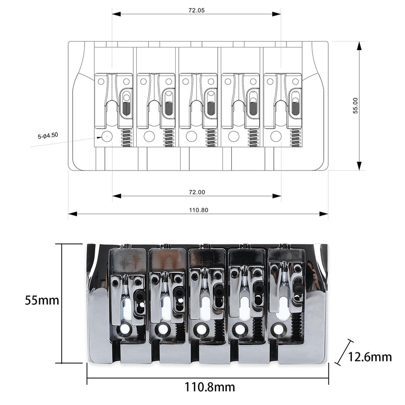 Brass Electric Bass Bridge 5 String Bass Hardtail Bridge 18mm String Spacing Compatible with 5-string Electric Bass Replacement Parts Chrome