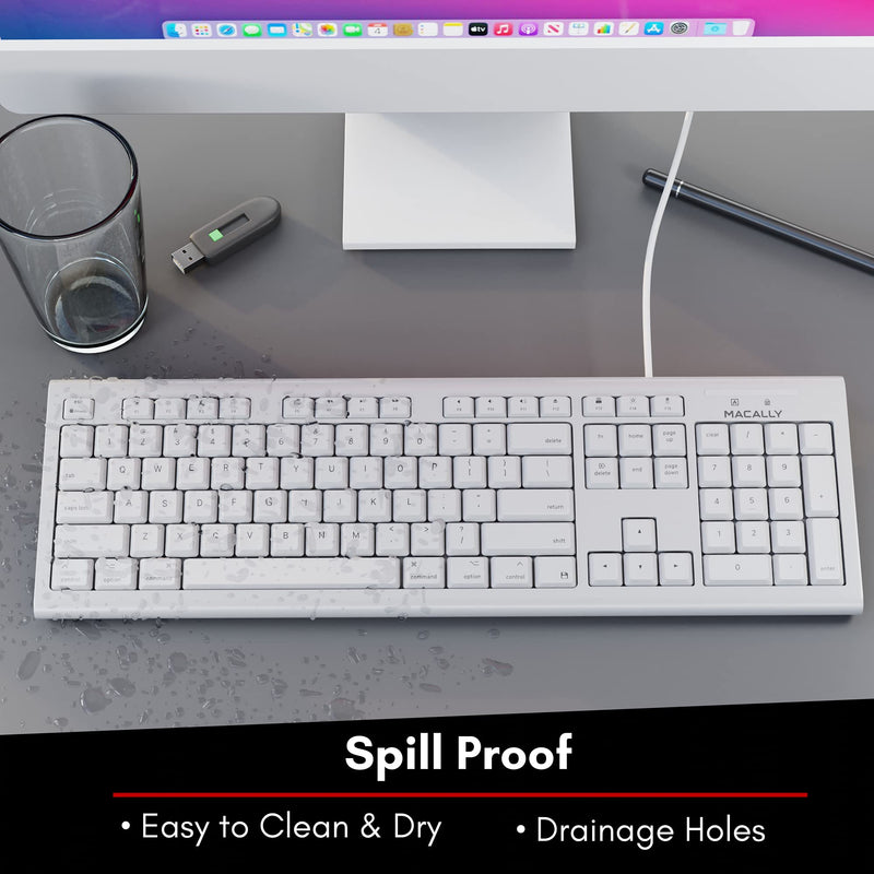 Macally Full-Size USB Wired Keyboard for Mac Mini/Pro, iMac Desktop Computer, MacBook Pro/Air Desktop w/ 16 Compatible Apple Shortcuts, Extended with Number Keypad, Rubber Domed Keycaps - Spill Proof white