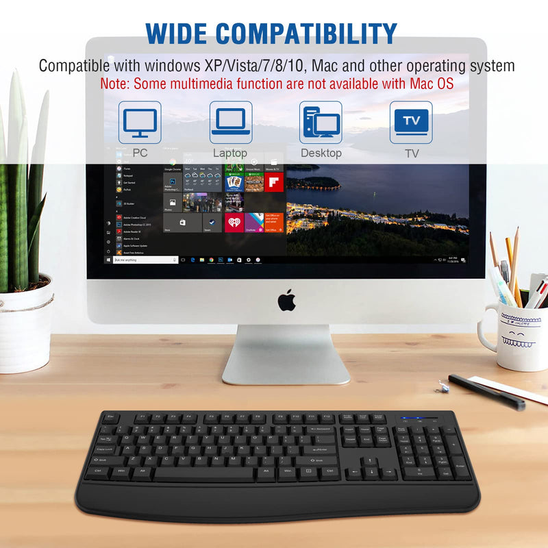 Wireless Keyboard, EDJO 2.4G Ergonomic Full Size Wireless Computer Keyboard with Wrist Rest for Windows, Mac OS Desktop/Laptop/PC（Black） black