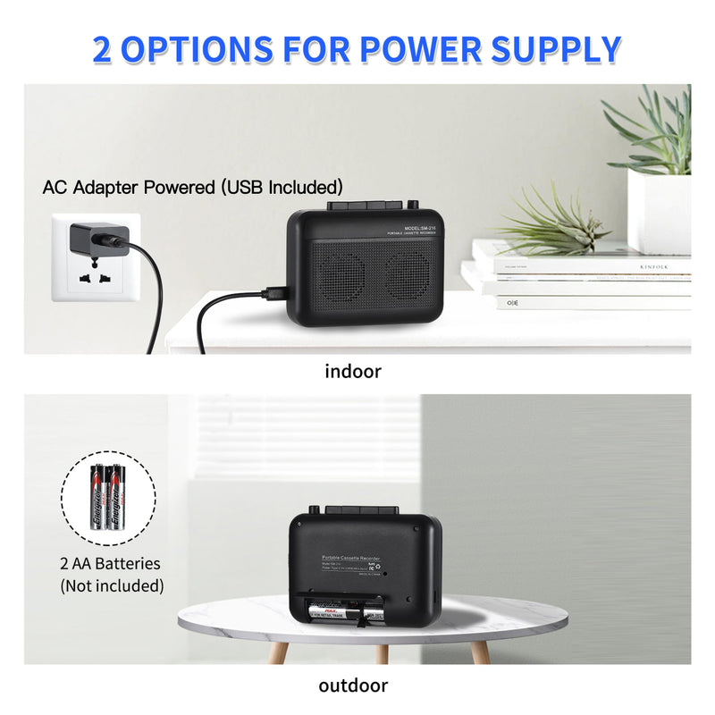 [AUSTRALIA] - Portable Cassette Player Recorder with Bluetooth Transmitter, Small Cassette Tape Player with Headphone Jack, Build-in Speaker, Microphone Jack, Powered by AC Adapter or AA Battery- Black 