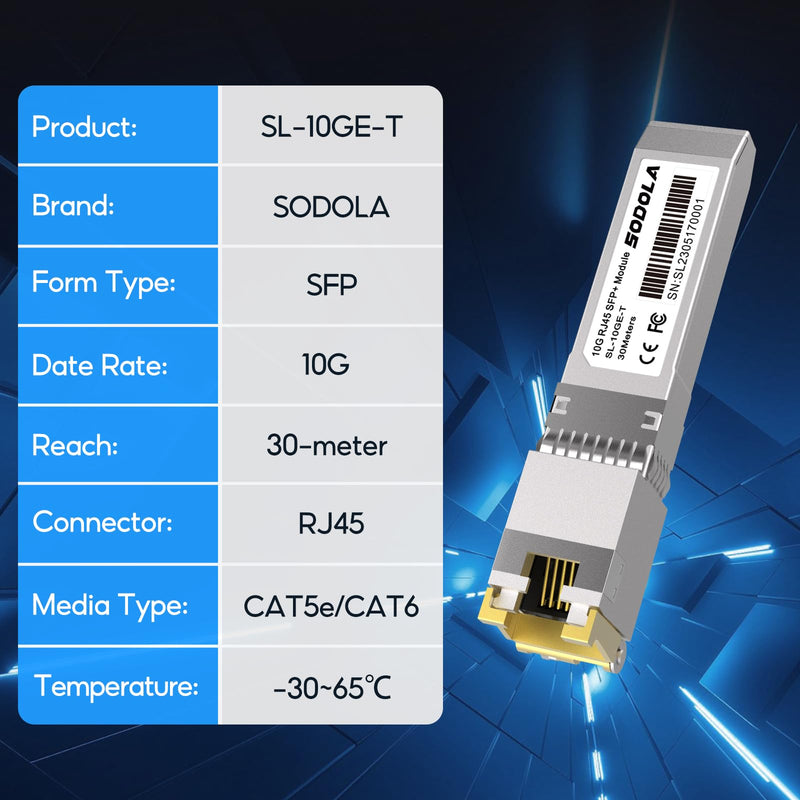 SODOLA 10GBase-T RJ45 SFP+ Module, 10G SFP+ Transceiver(1 Pack) | 10G SFP+ RJ-45 Copper Transceiver for SODOLA, SFP to Ethernet, Plug&Play,Hot Pluggable,Up to 30m Distance Copper SFP Modules