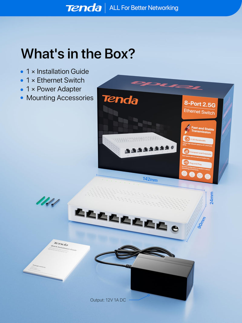 Tenda 8 Port 2.5G Ethernet Switch, Multi-Gigabit 2.5Gb Ethernet Splitter | Unmanaged Network Switch, 8 x 2.5 Gigabit Ports, Plug & Play, Fanless Quiet, Desktop/Wall Mount, for Router, PC, NAS (SM108) White