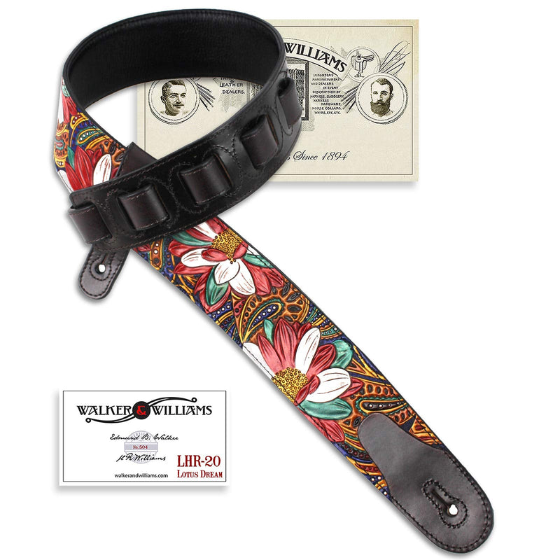 Walker And Williams LHR-20 Handmade Premium Carved Leather Guitar Strap With Carousel Red Paisley Floral Carving And Dark Brown End Caps For Acoustic, Electric, And Bass Guitars