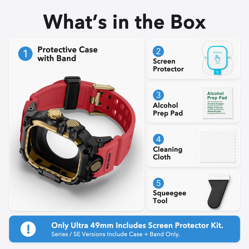 amBand Bands Case Screen Protector Compatible with Apple Watch Ultra 3/2/1 49mm for Men, M3 Rugged Protective Case with Band and 9H Tempered Glass for iWatch Ultra 49mm Men Red 49mm - Ultra 3/Ultra 2/Ultra