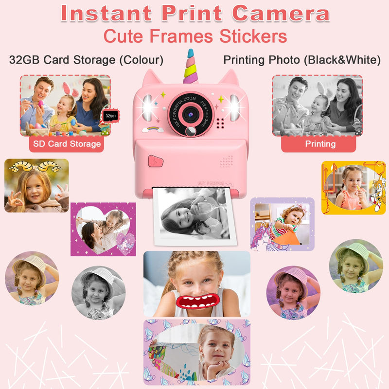 Instant Print Camera for Kids - Christmas Birthday Gift Toy for Girl Boy Age 3-9, Children Selfie Digital Cameras with Cartoon Soft Silicone Cover, Print Black White Photo with 32GB Card (Pink) Pink