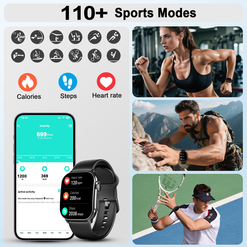 Smart Watch, 2.01" AMOLED Curved Touchscreen Fitness Watch for Men Women, IP68 Waterproof, 24/7 Heart Rate/Sleep Monitor, Fitness Tracker with Pedometer, 120+ Sports Modes, Smartwatch for Android iOS Black