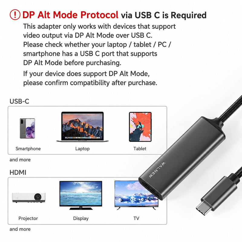 WALNEW USB-C to HDMI Adapter 4K 30Hz, Thunderbolt 3 Monitor Converter | Type-C to HDMI for Mac, MacBook, iPad Pro/Air, Samsung Galaxy, Chromebook, Surface, Dell XPS