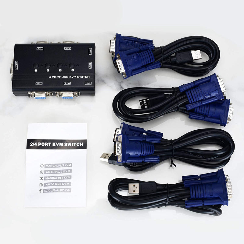 USB VGA KVM Switch with 4 Cables, 4 Port Selector Switcher for 4PC Sharing One Video Monitor and 3 USB Devices, Keyboard, Mouse, Scanner, Printer 4 Port VGA KVM