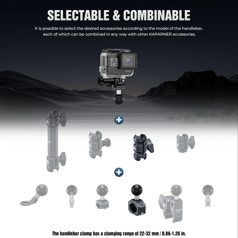 Sport Camera Holder with 1/4" Thread Ball Adapter, Install 22-32mm Diameter Round Bars, 25mm Ball, Aluminum, U-Bolt Base for ATV/Scooter Handlebar (KCB-2) KCB-2 Suitable for 0.85“ to 1.14” rails