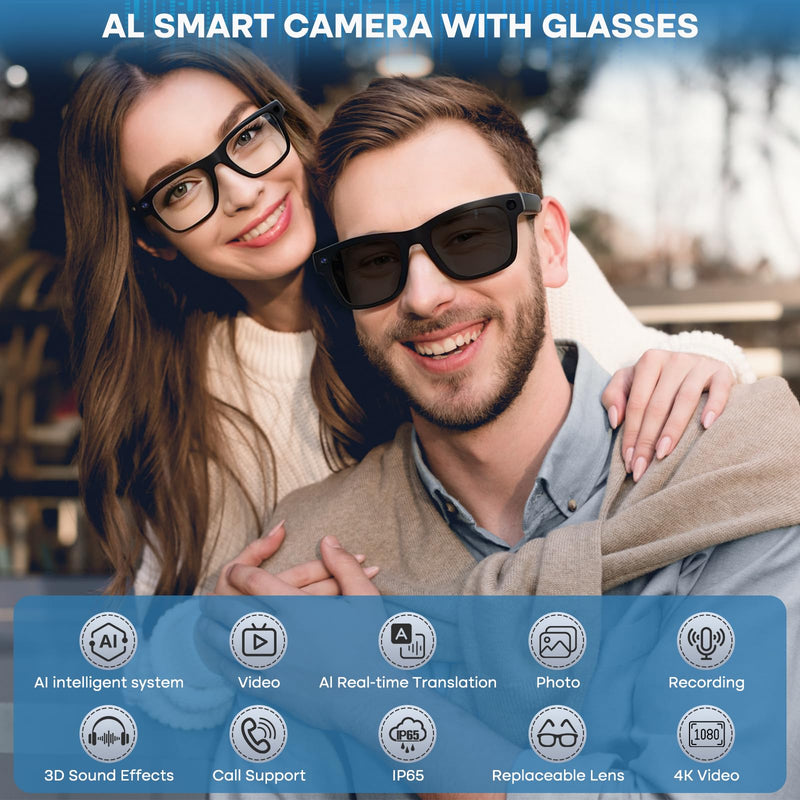 AI Smart Glasses with 4K Camera: Hands-Free POV Recording & Translation | ChatGPT-powered glasses with 8MP camera, realtime voice translation, open-ear audio & interchangeable lenses for smart travel