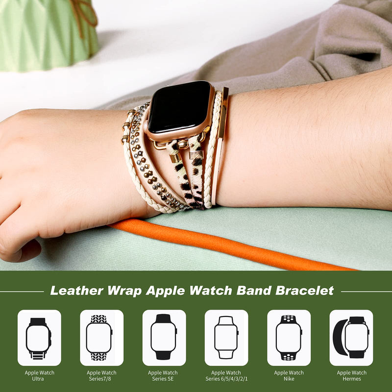 Boho Leather Wrap Bands Compatible with Apple Watch Band for Women Men 38mm/40mm/41mm/42mm/44mm/45mm/49mm