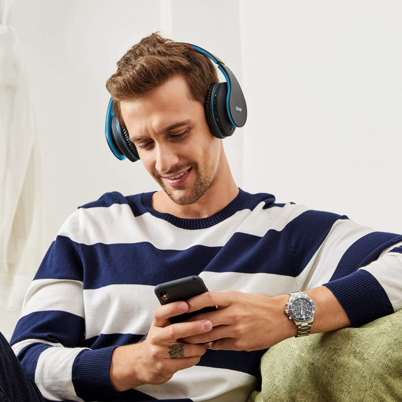 Wireless Over-Ear Headset with Deep Bass, Bluetooth and Wired Stereo Headphones Buit in Mic for Cell Phone, TV, PC,Soft Earmuffs &Light Weight for Prolonged Wearing by Zihnic (Black/Blue) Black Blue