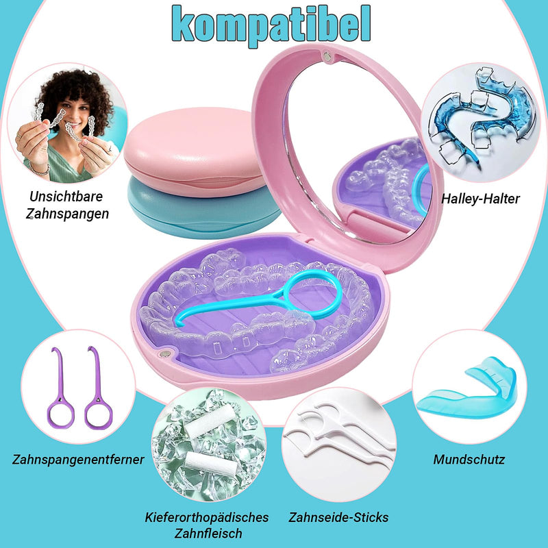 Braces Box, Pack of 2 Dentures Box with Mirror, Brace Box, Portable Dental Splint Box, Dental Container for Storing Braces and Dentures (Blue and Pink)