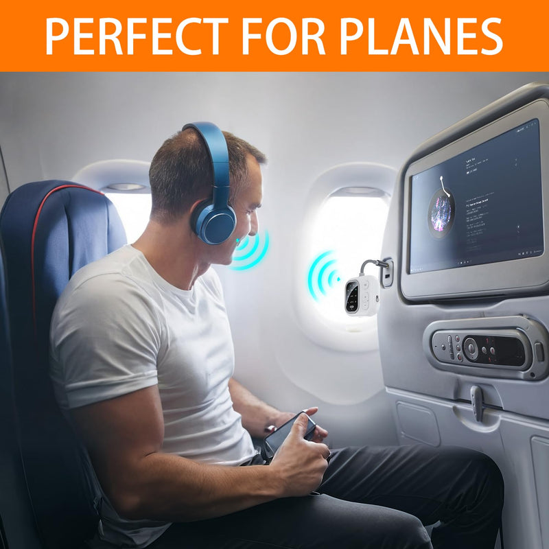 Bluetooth 5.3 Adapter for Airplane, Support 2 AirPods Dual Wireless Headphones, aptX Adaptive 3.5mm AUX Jack Wireless Audio Transmitter for TV, Airline, Planes, Travel Essentials Silver