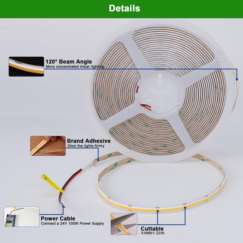 [AUSTRALIA] - JOYLIT 24V 32.8FT/10M COB LED Strip Lights 120° 2700K Warm White Indoor 384LEDs/M High Density 7650LM Super Bright CRI 90+ Dotless Adhesive LED Tape Light for Bedroom, Kitchen, Commercial 32.8FT DC 24V 384LEDs/M 
